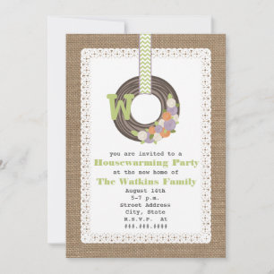 Monogram Wreath Burlap Inspired Housewarming Party Invitation