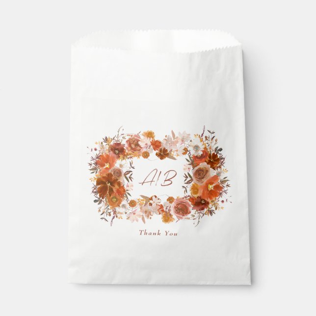 Monogram Wreath Cream Floral Terracotta Wedding Favour Bag (Front)