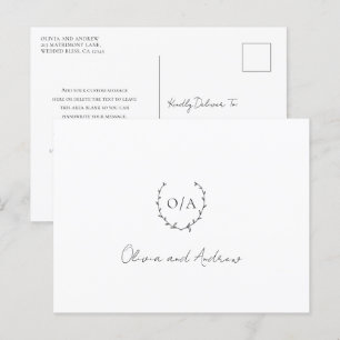 Monogram Wreath Crest Elegant Wedding Thank You Postcard