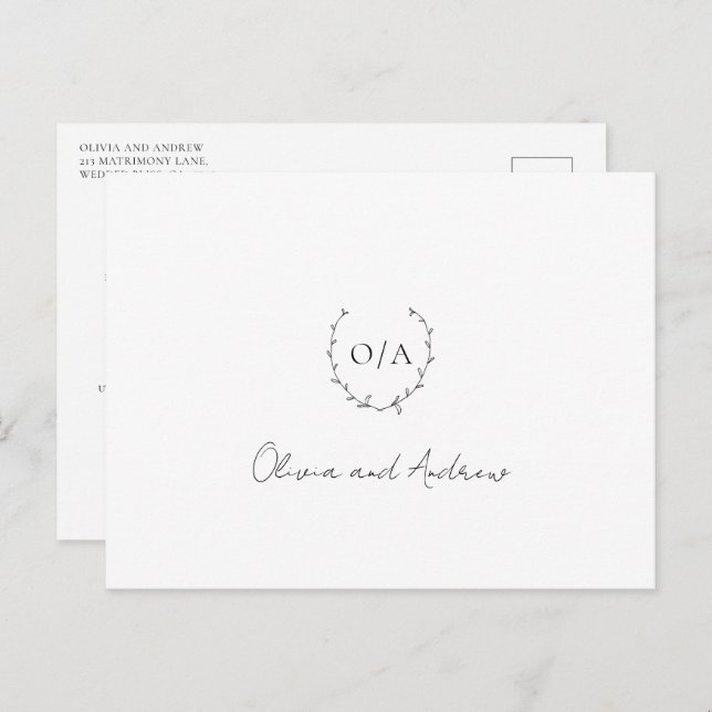 Monogram Wreath Crest Elegant Wedding Thank You Postcard (Front/Back)