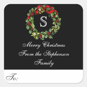 Monogram Wreath Custom Christmas Gift Tag Label