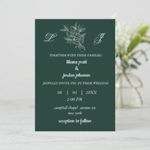 monogram wreath elegant emerald green  WEDDING   Invitation