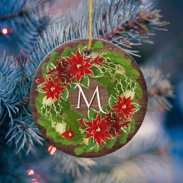 Monogram Wreath First Christmas New Home Photo Ceramic Ornament (Creator Uploaded)