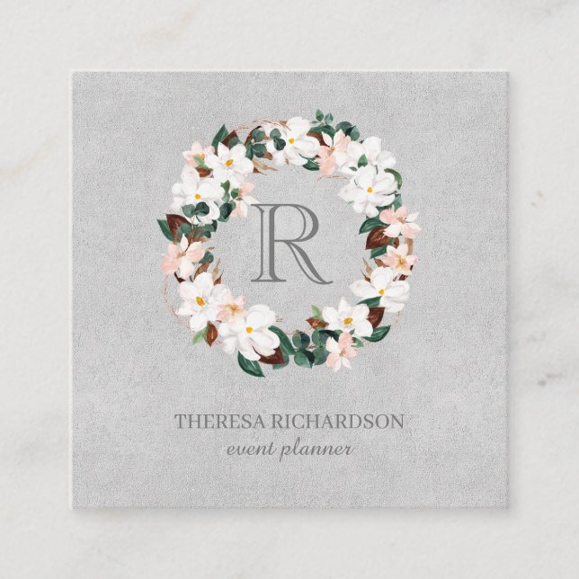 Monogram Wreath Grey Linen social media icon Square Business Card (Front)