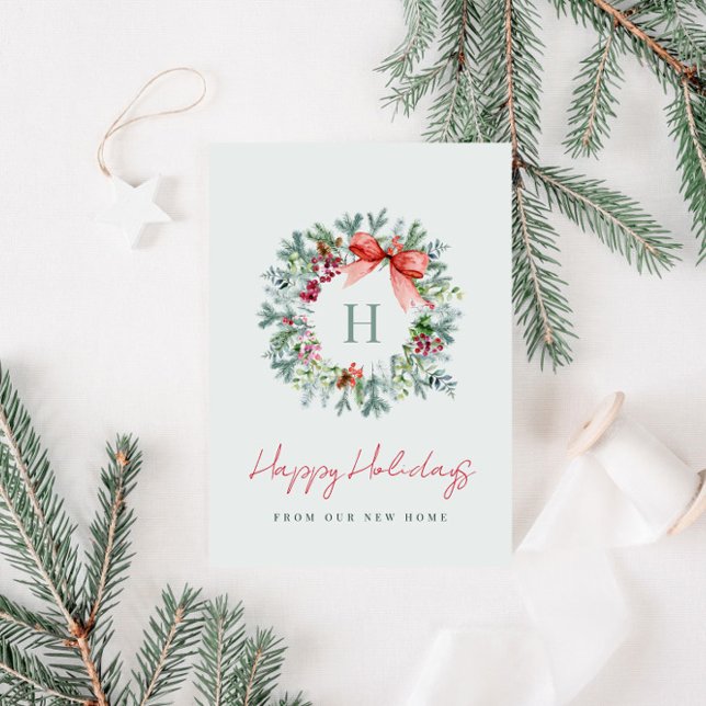Monogram wreath holiday announcement card (Creator Uploaded)