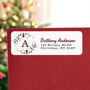 Monogram Wreath Holly Christmas Return Address Label