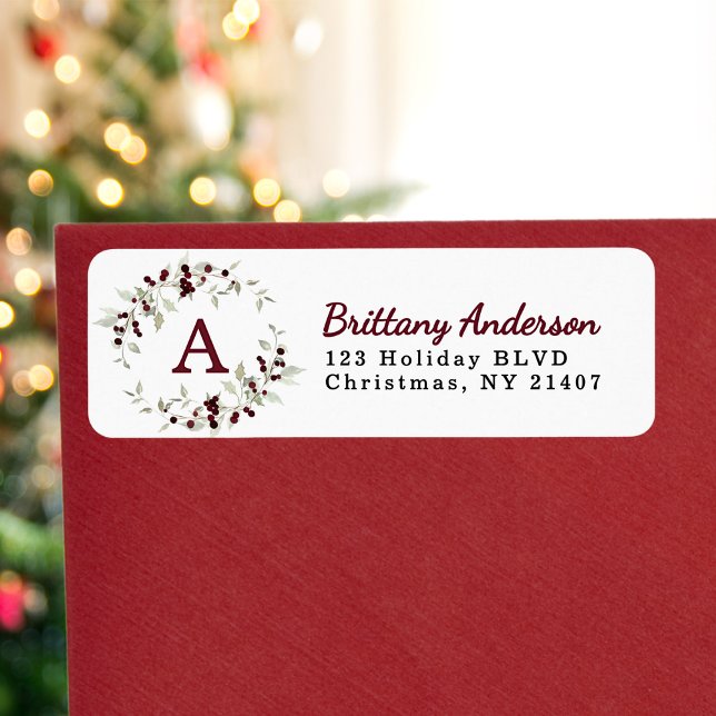 Monogram Wreath Holly Christmas Return Address Label (Creator Uploaded)