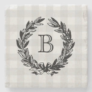 Monogram Wreath Illustration Vintage Stone Coaster