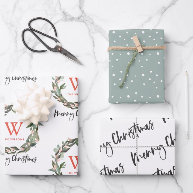 Monogram Wreath Merry Christmas Holiday Wrapping P Wrapping Paper Sheet (Front)