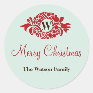 Monogram wreath mint Christmas holiday gift tag