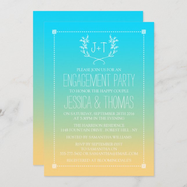 Monogram Wreath Ombre Beach Engagement Party Invitation (Front/Back)