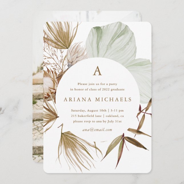 Monogram Wreath One Photo Graduation Party Invitation (Front/Back)
