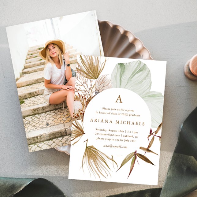 Monogram Wreath One Photo Graduation Party Invitation (Creator Uploaded)