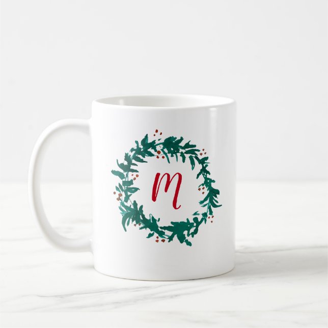 Monogram Wreath Painting Berries Coffee Mug (Left)