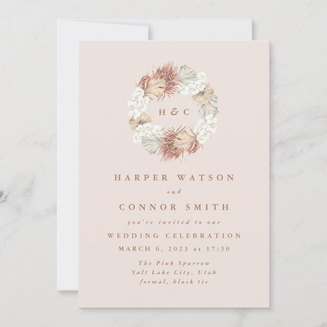 Monogram Wreath Pampas Grass Floral Tropical Blush Invitation (Front)