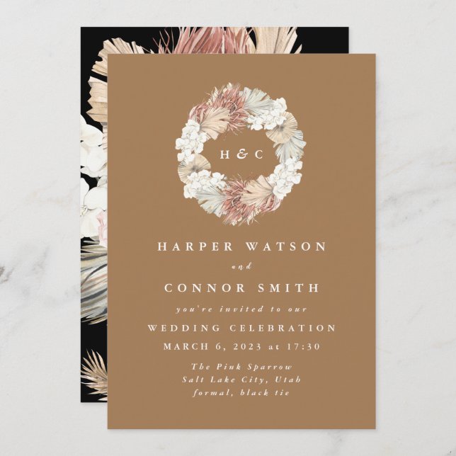 Monogram Wreath Pampas Grass Floral Tropical Invitation (Front/Back)