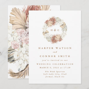 Monogram Wreath Pampas Grass Floral Tropical White Invitation