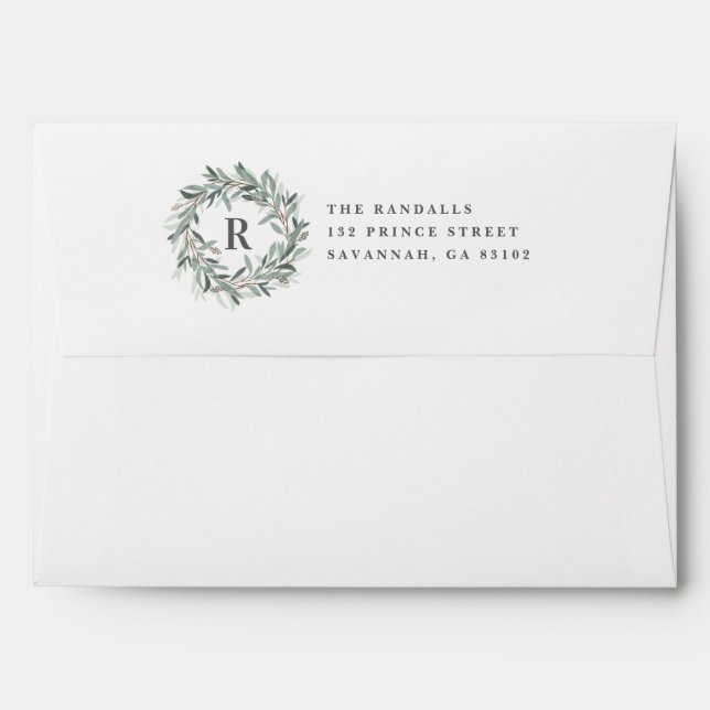 Monogram wreath printed return address envelope (Back (Top Flap))