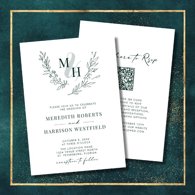 Monogram Wreath QR Code Emerald Green Wedding Invitation (Elegant Monogram Laurel Wreath Emerald Green QR Code Double Sided Wedding Invitation)