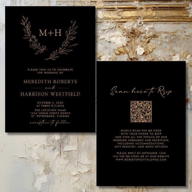 Monogram Wreath QR Code Gold on Black Wedding Invitation (Elegant Monogram Laurel Wreath QR Code Gold on Black Wedding Invitation)