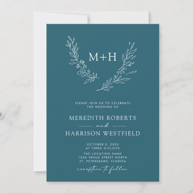 Monogram Wreath QR Code Teal Blue Wedding Invitation (Front)