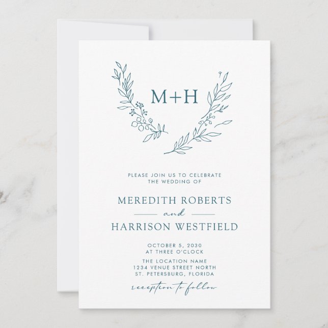Monogram Wreath QR Code Teal Blue Wedding Invitation (Front)