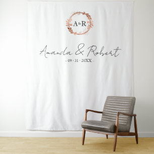 Monogram Wreath Rose Gold Foil Wedding Backdrop Tapestry