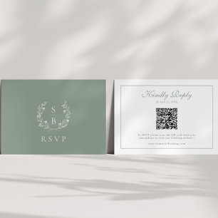 Monogram Wreath Sage Green QR Code Wedding RSVP Enclosure Card