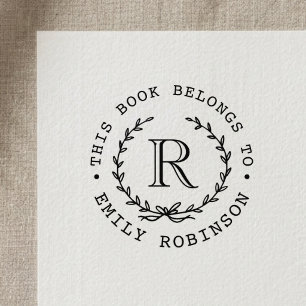 Monogram Wreath This Book Belongs to Bookplate Self-inking Stamp