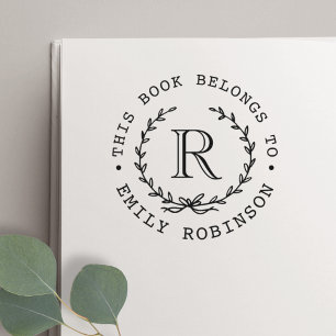 Monogram Wreath This Book Belongs to Bookplate Self-inking Stamp