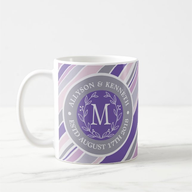 Monogram Wreath Trendy Stripes Purple Leaf Laurel Coffee Mug (Left)