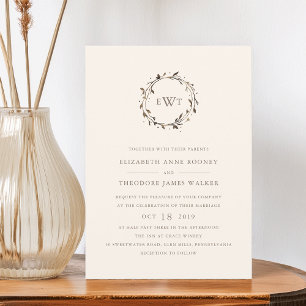 Monogram Wreath Wedding Invitation Twig