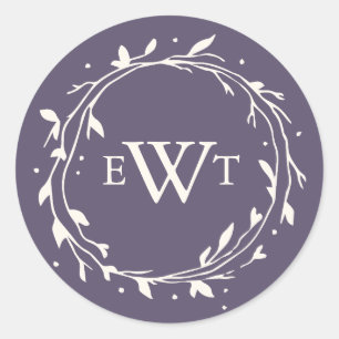 Monogram Wreath Wedding Stickers   Plum
