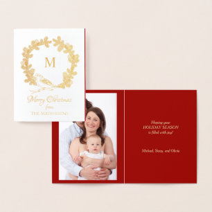 Monogram Wreath with Bird Gold Foil Christmas Card