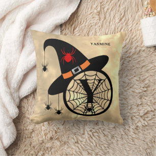Monogram Y Halloween Sky Witch Spiders Name Cushion