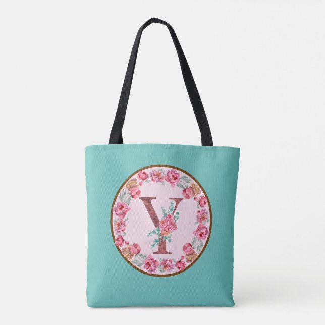 Monogram Y Letter with Peony Flower Image Tote Bag (Back)