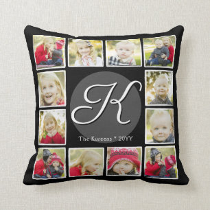 Monogram Year in Pictures 12 Photo Collage Black Cushion