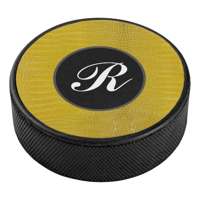 Monogram Yellow Alligator Texture Print Hockey Puck (3/4)