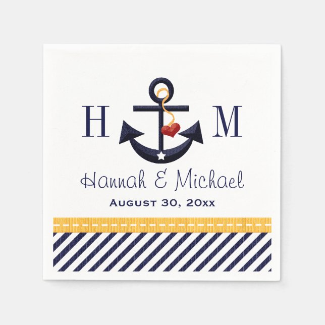 Monogram Yellow and Navy Anchor Nautical Wedding Napkin (Front)
