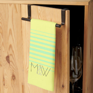 Monogram Yellow and teal Stripes Tea Towel