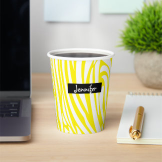Monogram Yellow and White Striped Zebra Pattern Paper Cups