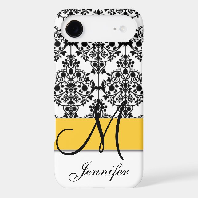 Monogram Yellow Black White Floral Damask Case-Mate iPhone Case (Back)