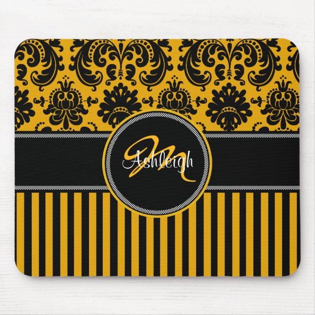 Monogram Yellow Black White Stripe Damask Mousepad (Front)
