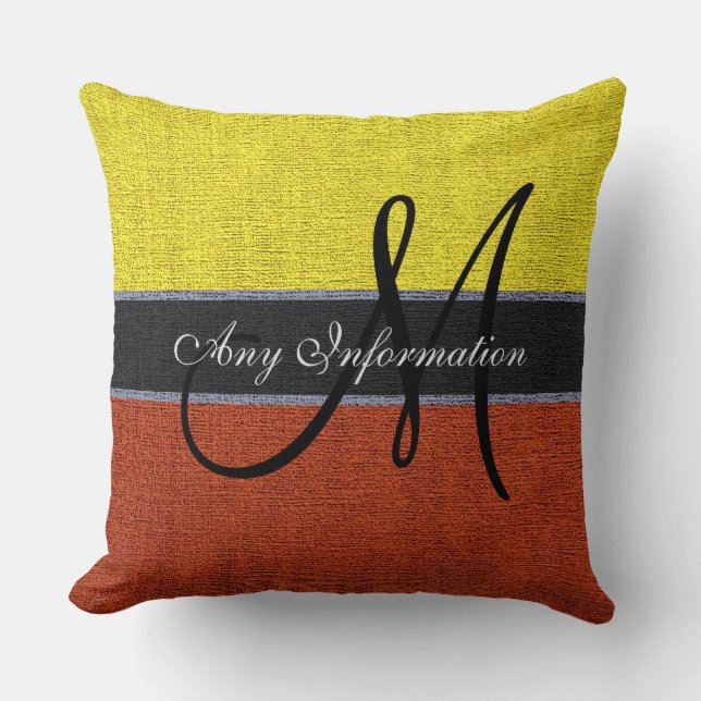 Monogram Yellow & Brown Burlap Rustic Jute Cushion (Front)