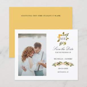 Monogram Yellow Floral Photo Wedding SAVE THE DATE