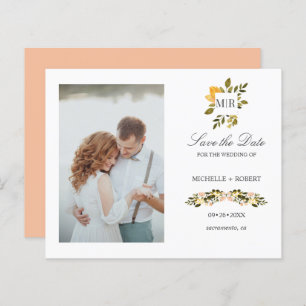 Monogram Yellow Floral Photo Wedding SAVE THE DATE