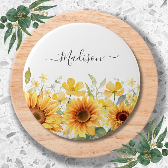Monogram Yellow Flower Sunflower Floral Botanical 7.5 Cm Round Badge (Close up)