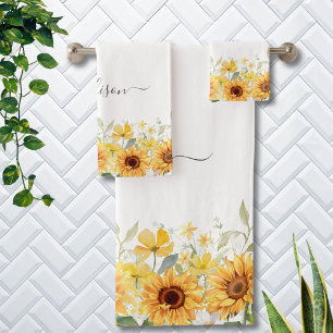 Monogram Yellow Flower Sunflower Floral Botanical Bath Towel Set