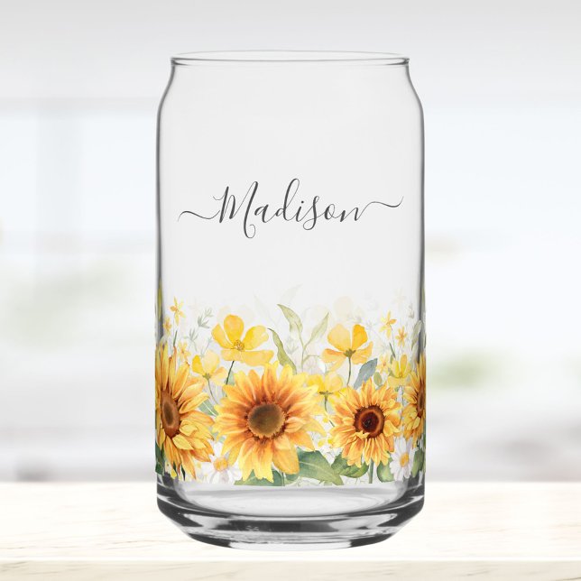 Monogram Yellow Flower Sunflower Floral Botanical Can Glass (In situ)