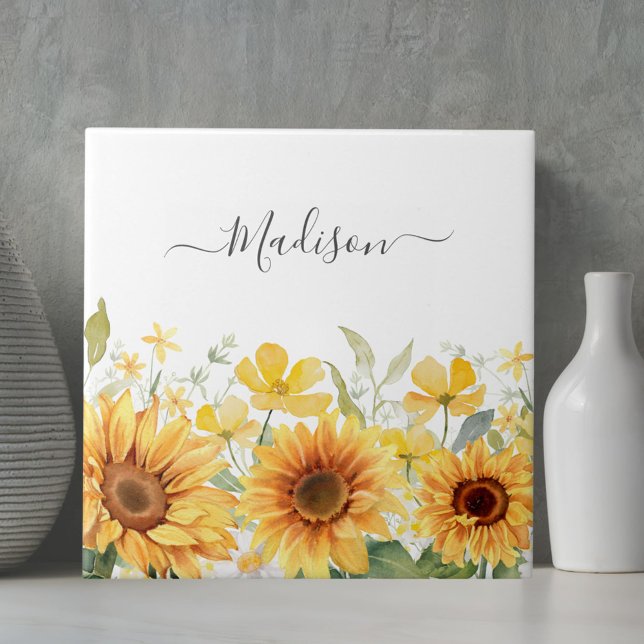 Monogram Yellow Flower Sunflower Floral Botanical Ceramic Tile (Close up)